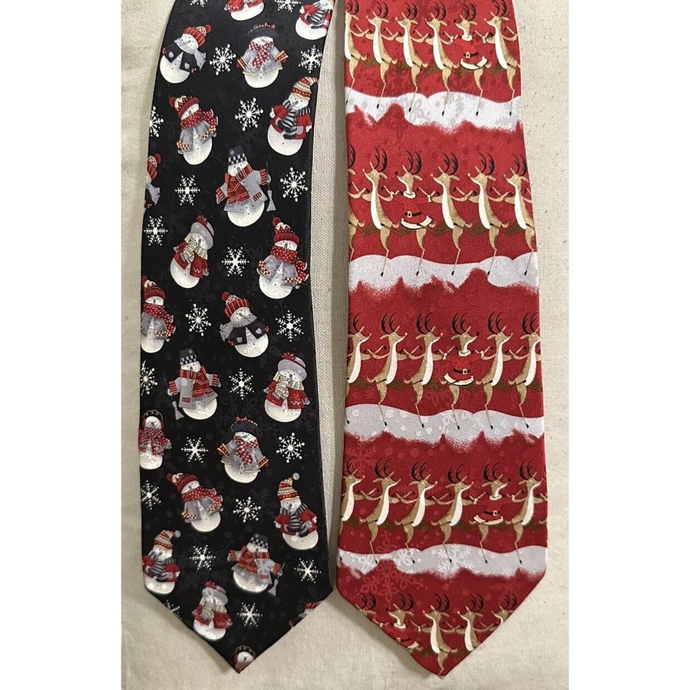 2 Christmas Silk Ties St. Nick's Tie Shop Men's Classic Reindeer And Snowman